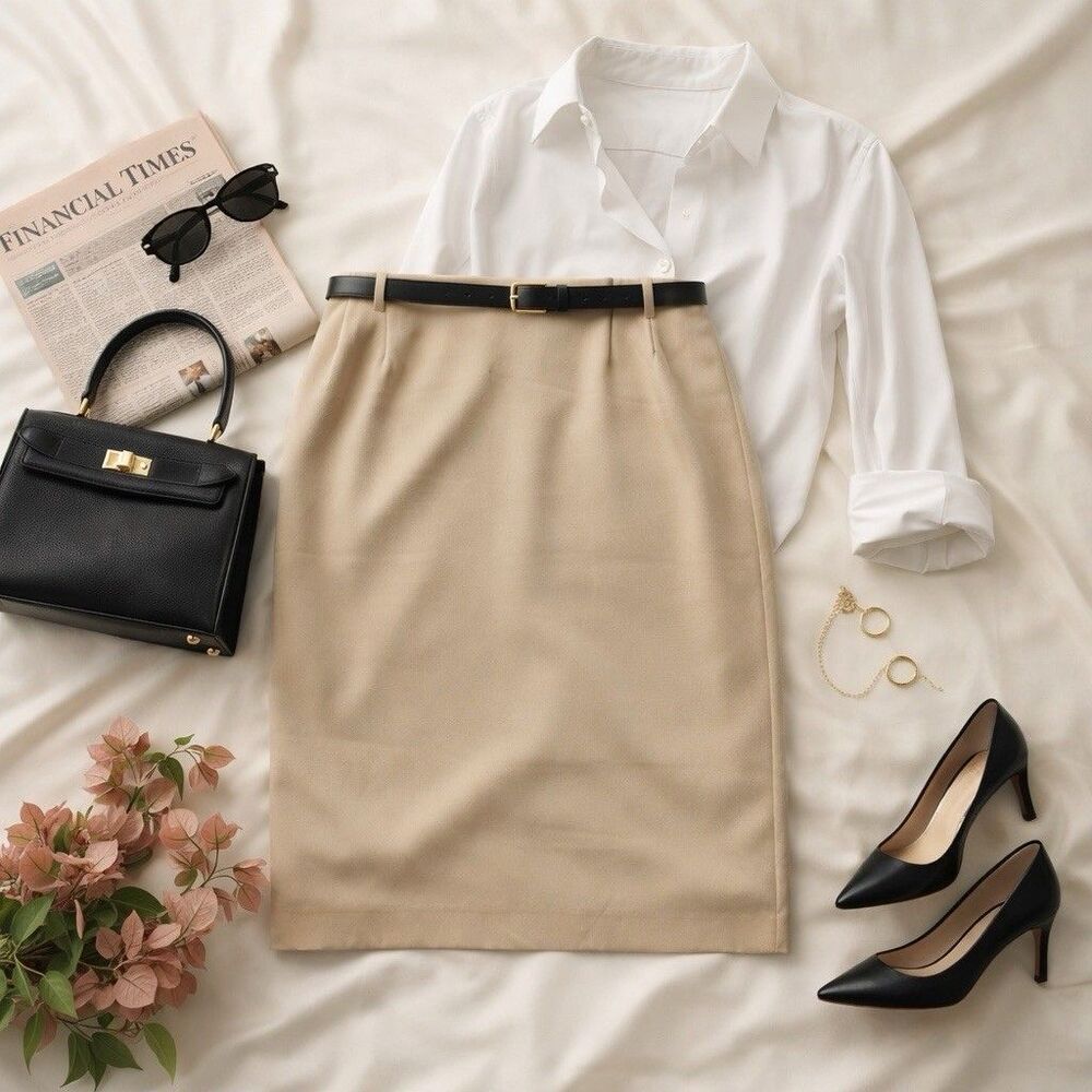 Vintage Taupe Pencil Skirt Minimalist 90s CBK Knee Length Slit Office Chic 14